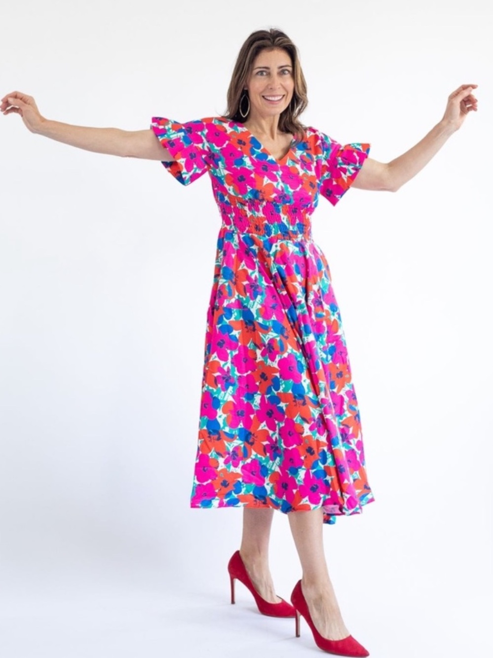 NWOT Lili Sidonio Molly Bracken Retro Smocked Fushia Floral Print Dress Size S - Picture 3 of 13